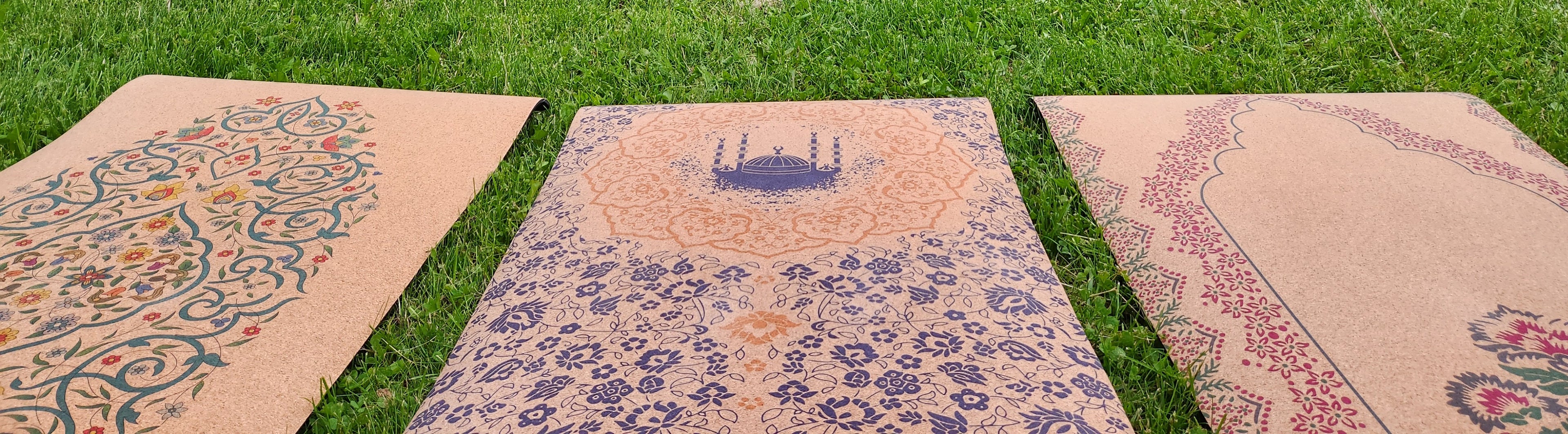 Eco-friendly cork prayer salah mats featuring three traditional Islamic designs: floral patterns, mosque silhouette, and mihrab arch